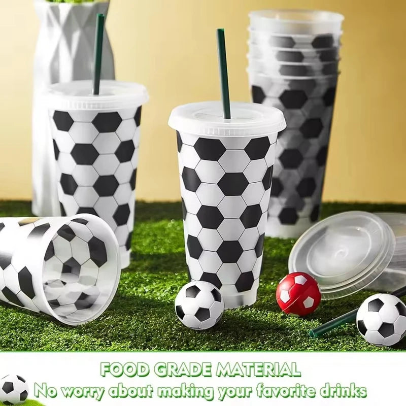 6/12pcs Reusable Plastic Soccer Cups with Lid Straws Kids Football Party Favors Sports Themed Birthday Decoration Supplies Gifts