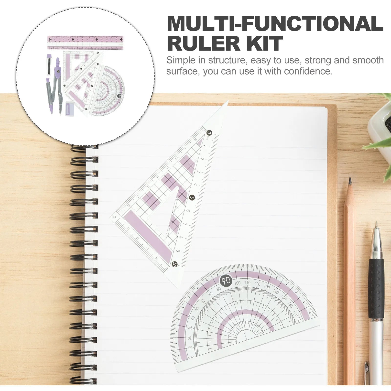 1Set Multi-Functional Ruler Kit Compass Protractor Drawing Triangle Student Stationery Office Measurement Tools