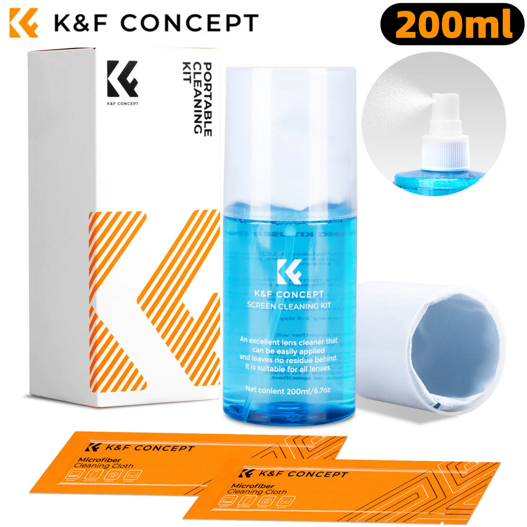 K&F CONCEPT 200ML Screen Cleaner Spray For Camera Lens PC Cell Phone Glasses Watch CCD/CMOS Clean Liquid with 2 Microfiber Cloth