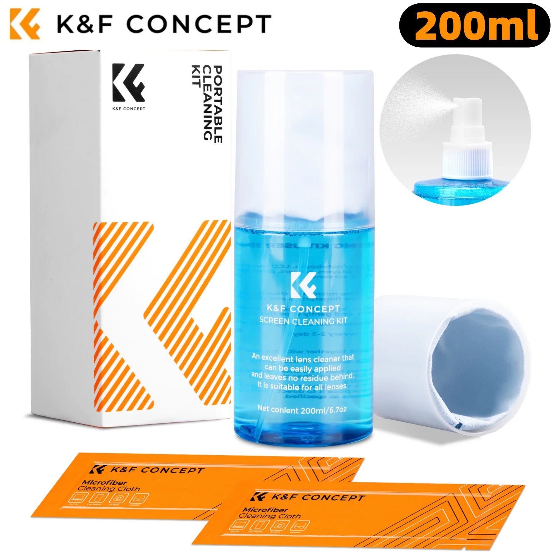 K&F CONCEPT 200ML Screen Cleaner Spray For Camera Lens PC Cell Phone Glasses Watch CCD/CMOS Clean Liquid with 2 Microfiber Cloth