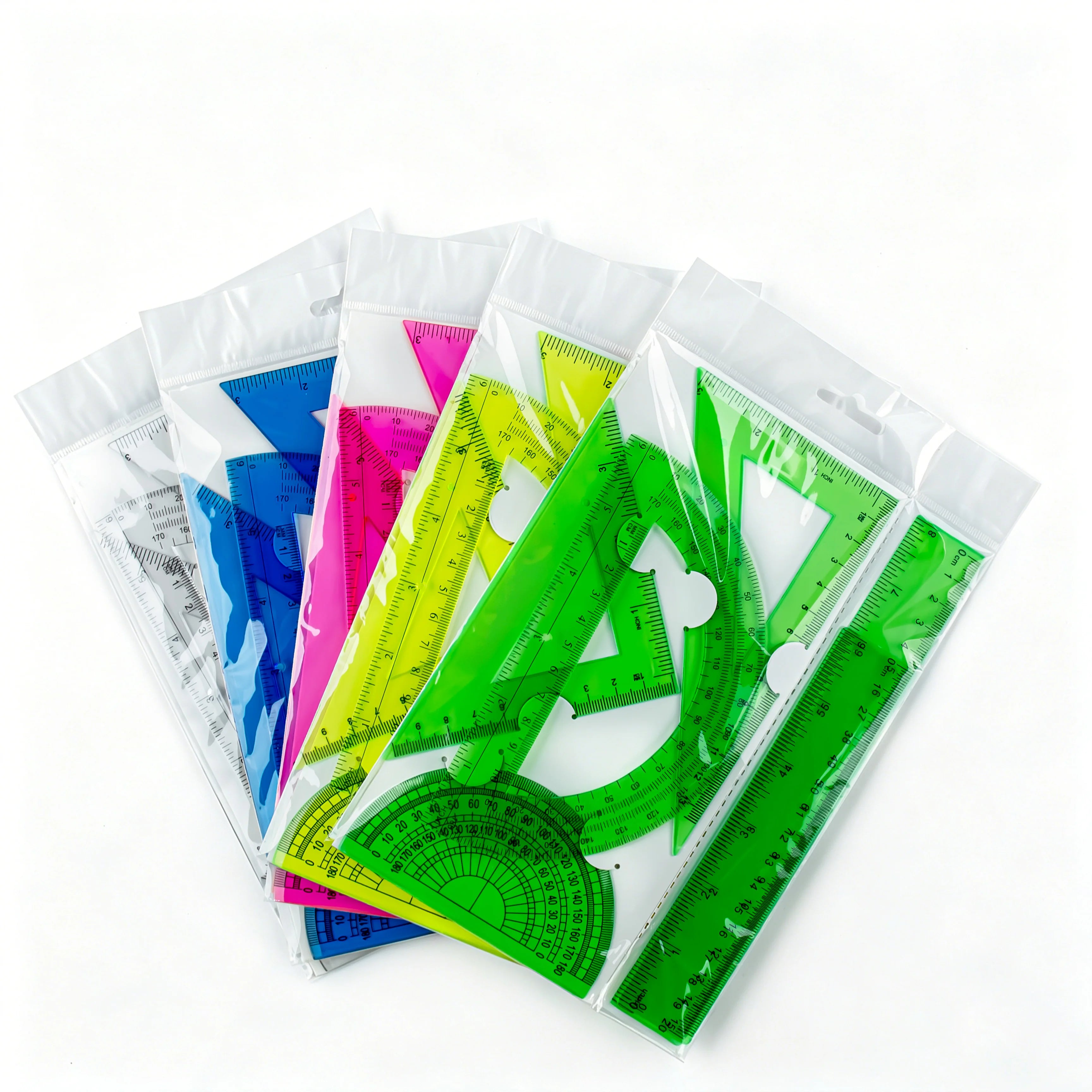 6-Piece Ruler Set - Includes Straight Rulers, Protractor, and Triangles for Accurate Measuring and Drafting