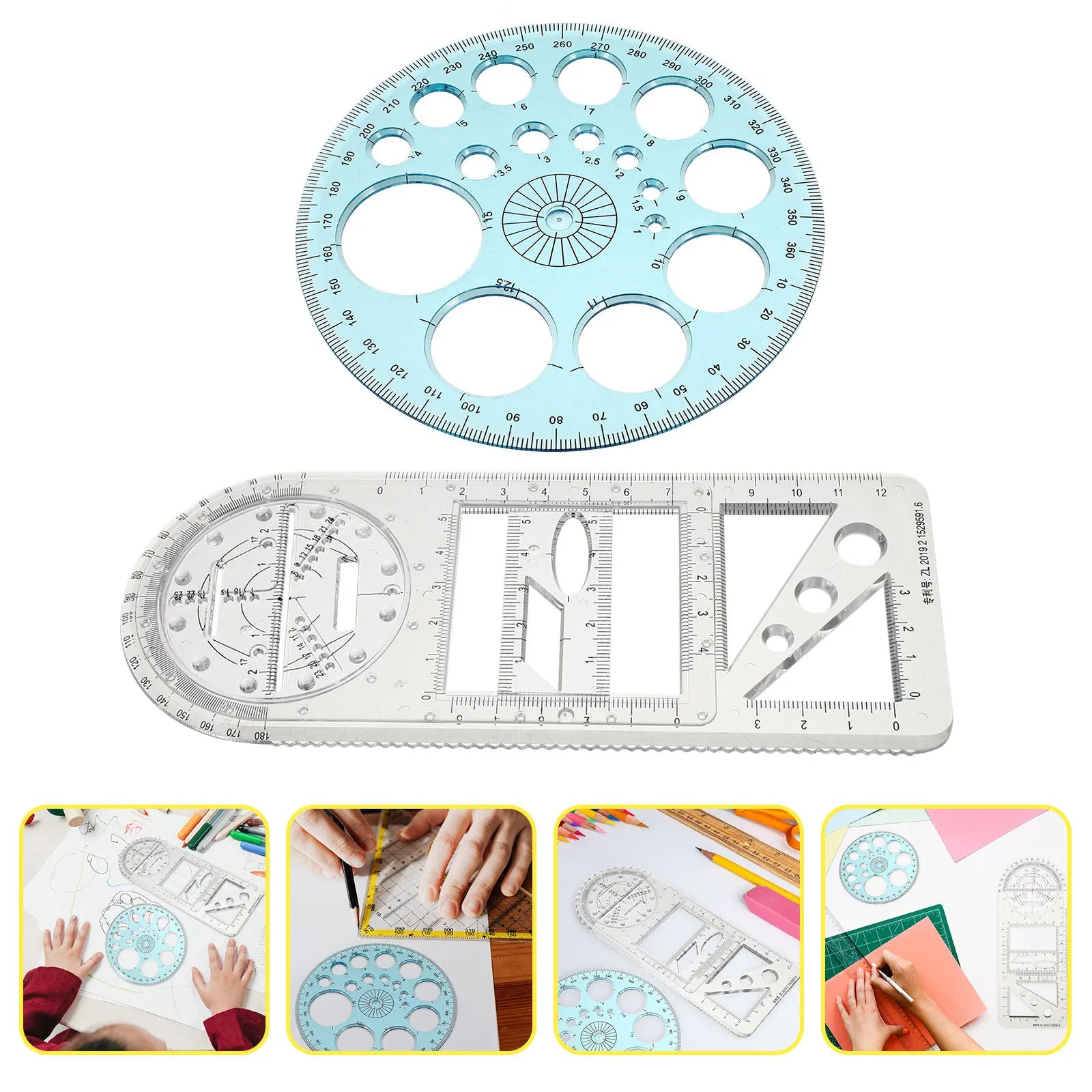 1Set Drawing Ruler Set Multifunctional Geometric Protractor Premium Plastic Measuring Tool for Students Home Office Accurate