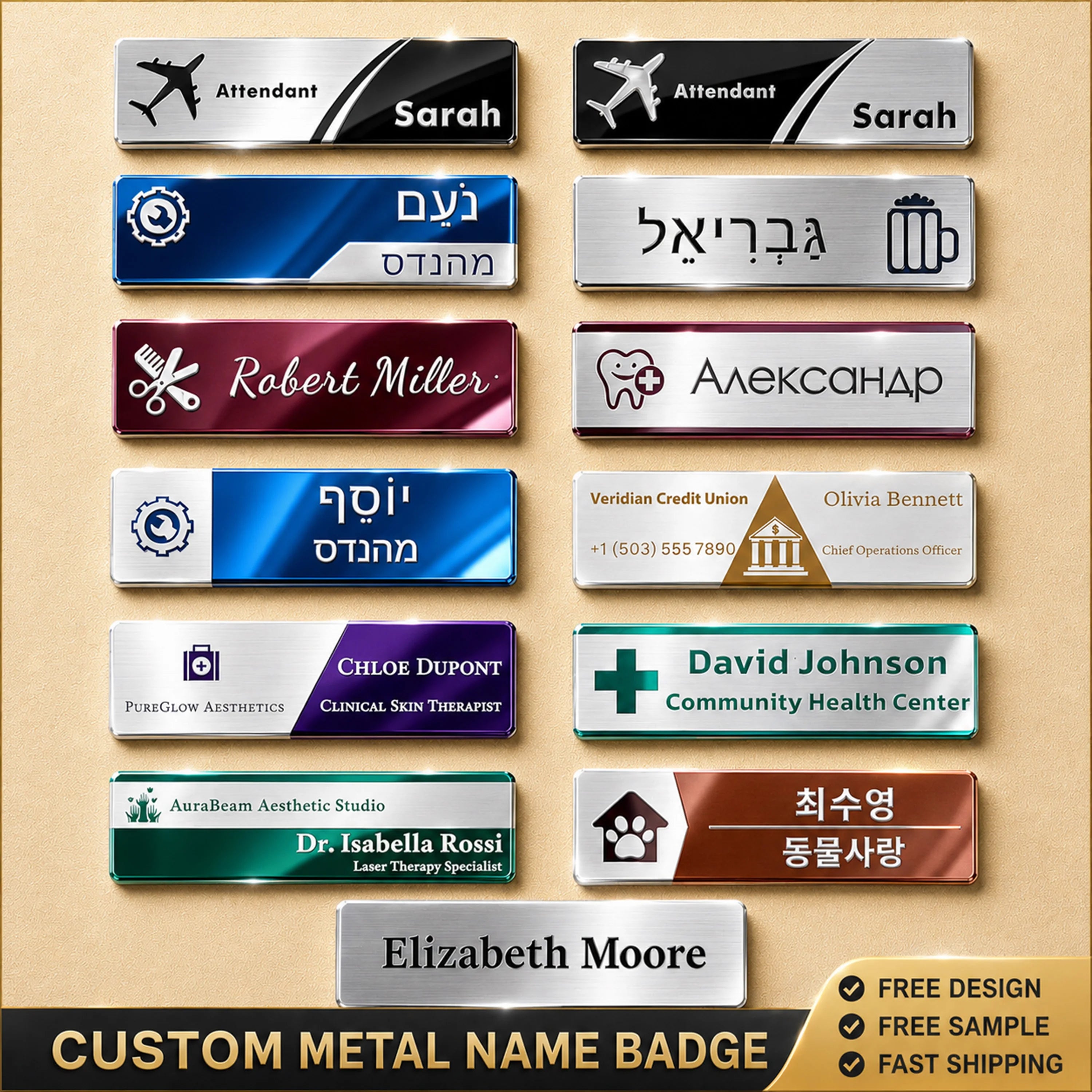 Stainless Steel Custom Name Tag with Pin Clip - Engraved Personalized Work Badge Business Identification Metal ID Name Plate