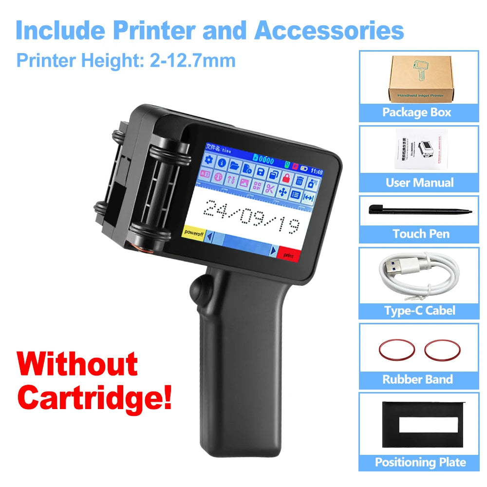 Mini Handheld Inkjet Printer 2-12.7mm for Text QR Barcode Batch Number Logo Date Label Printer with 0/1/2 Ink Cartridges