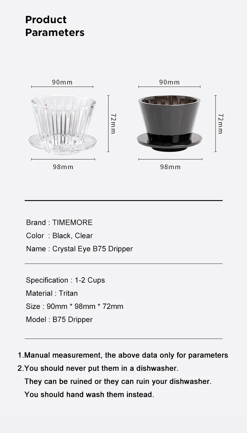 TIMEMORE B75 Basket Coffee Dripper Crystal Eye Pour Over Coffee Filter PCTG 1-2Cups Coffee Maker Flat Bottom Increase Uniformity