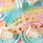 Pastel Rainbow Party Birthday Disposable Tableware Gold Dot Rainbow Gradient Paper Plate Cup Napkin Birthday Wedding Supplies