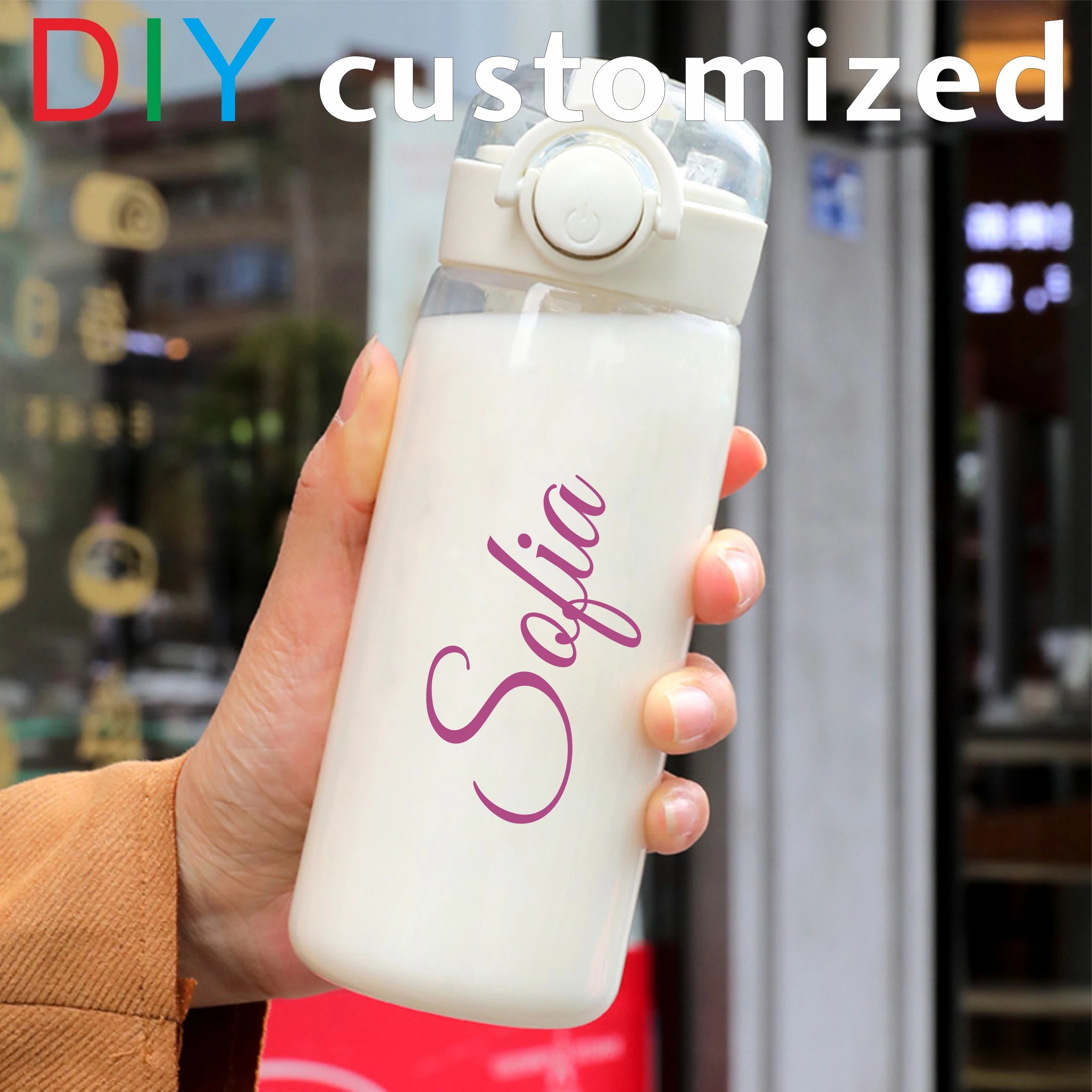 DIY 400MLSchool Bottle Plastic Customize Print Name Kid's Children Cup Straw Tube Ring Handle Easy Take Food Safety Material
