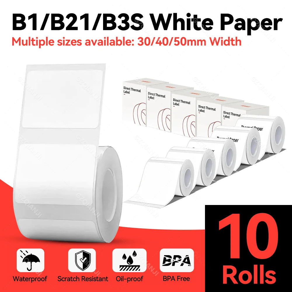 3/5/10 Rolls NiiMbot B21 B1 Label Printer Paper Roll Waterproof Anti-Oil Tear-Resistant Price Tag Pure White Sticker Papers