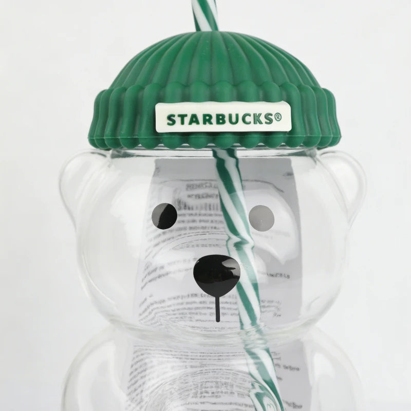 Starbucks Bearista Bear Clear Glass Tumbler 591ml 20oz Green Lid With Straw Cold Water Iced Coffee Home Café Gift