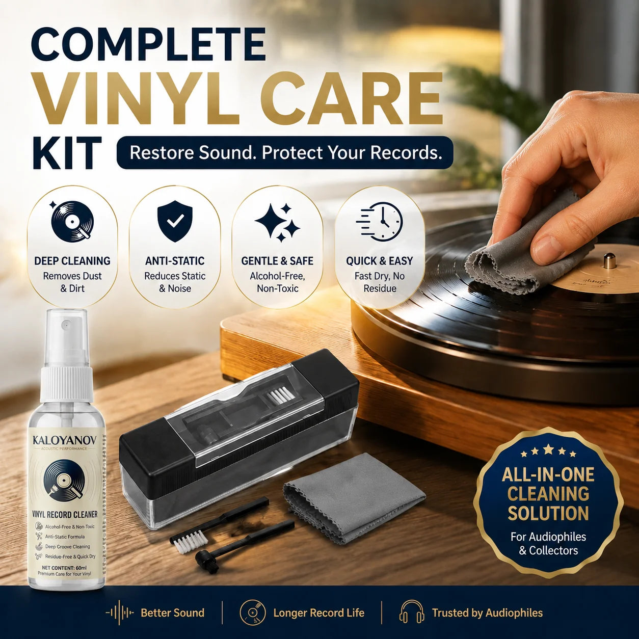 Vinyl Record Cleaner Kit Turntable LP Cleaning Brush Set Anti-Static Spray Cloth Stylus Dust Remover for Phono Gramophone