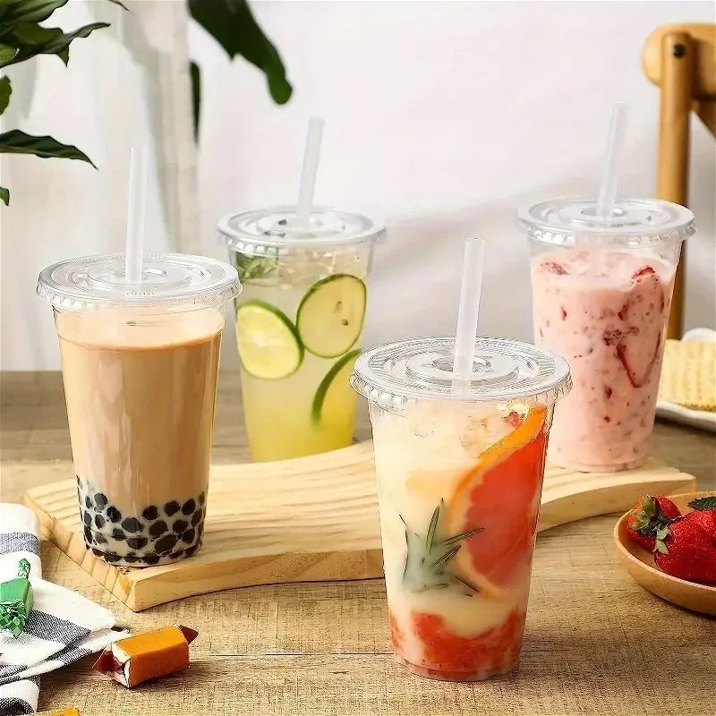 50PCS Clear Disposable Plastic Cups Flat Lids Drinking Cup for Party Wedding Ice Coffee Milkshakes Smoothies Cold Drinks