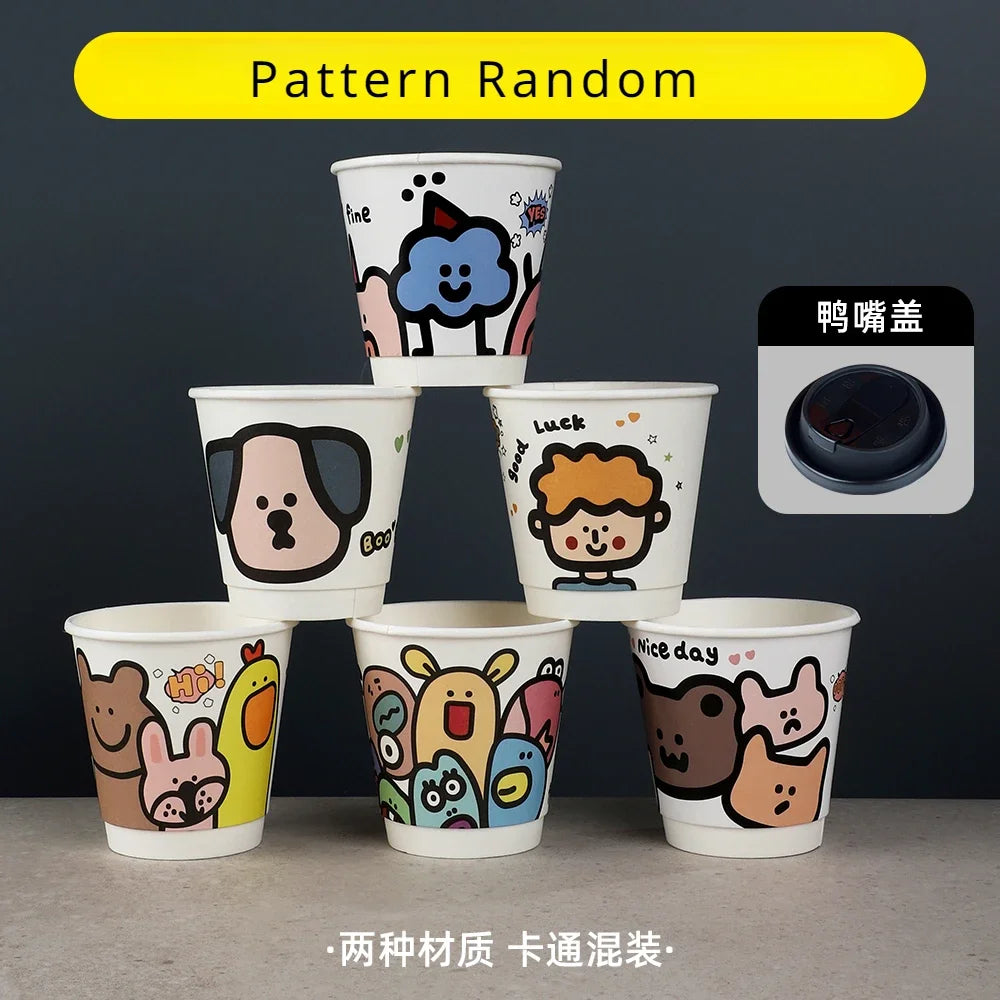 25pcs 90 Caliber Disposable Coffee Cups Fresh Milk Hot Drink Thickened Cartoon Paper Cup Milk Tea Takeaway Packag Cup with Lid