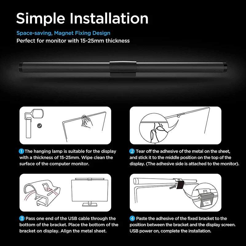 Wiscolor Computer Monitor LED Screen Hanging Light Bar Remote Control Stepless Dimming Eyescare USB Lightbar Reading Desk Lamp