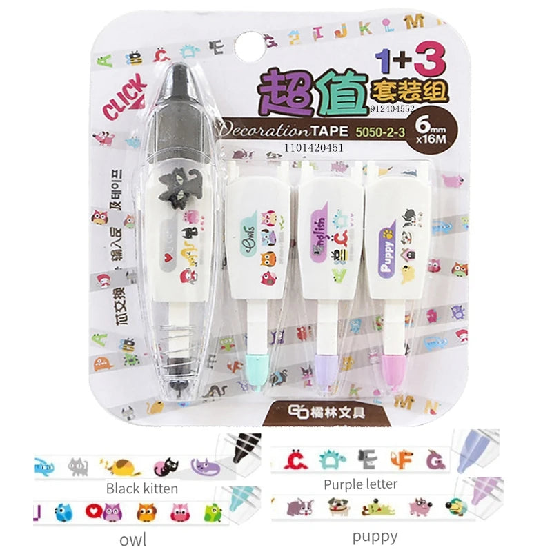 4Pcs Correction Tapes Refill Set Kawaii Animals Cartoon Decorative Press Type Cute Diary Stationery Decoration School Supplie