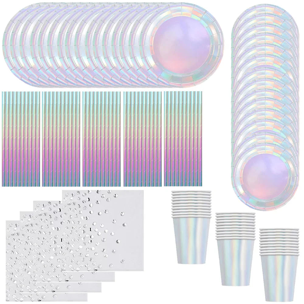 Laser Disposable Tableware Sets Silver Party Paper Cups Paper Plates Straw Party Tableware Wedding Decor Birthday Party Supplies