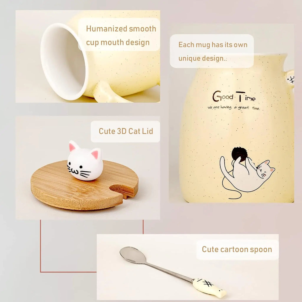 Kawaii Tea Cup Cute Cat Ceramic Coffee Mug with Kitty Lid and Spoon Japanese style Novelty Gifts for Women Cat lover Gifts 16oz