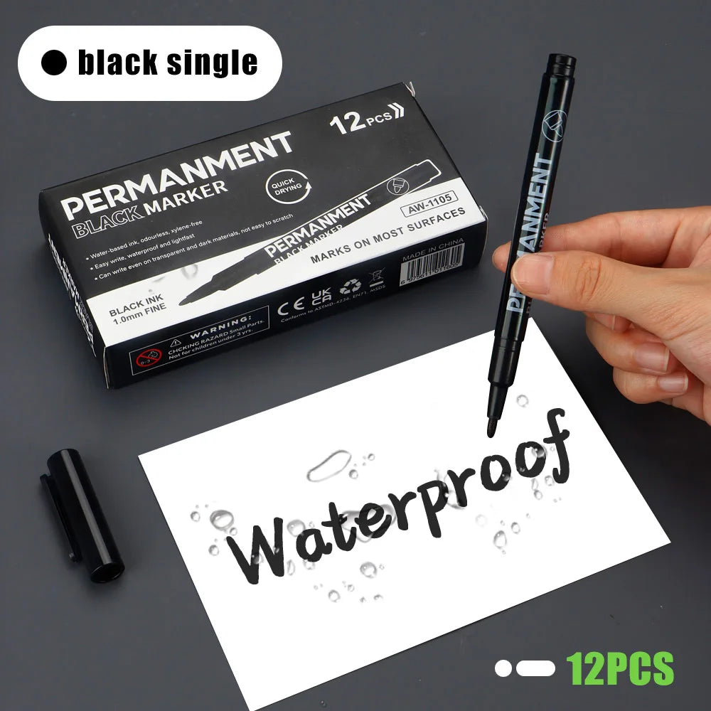 3/6/12 Pcs Waterproof Marker Pen White Black Inks  2mm Tip For Rock Painting Stone Ceramic Glass Wood Tire Fabric Metal Canvas