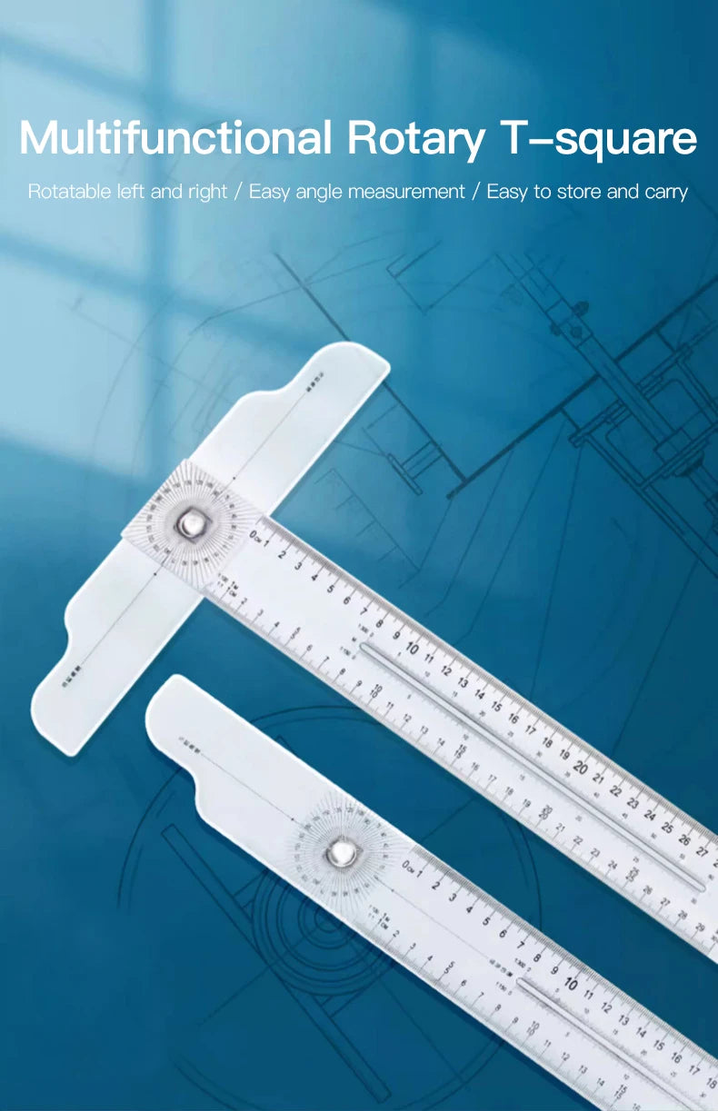 2/1pcs Multifunction Rotatable T-Square Ruler 4mm Thicken Plastic Math Line Circular Transparent Folding Geometric Drawing Ruler