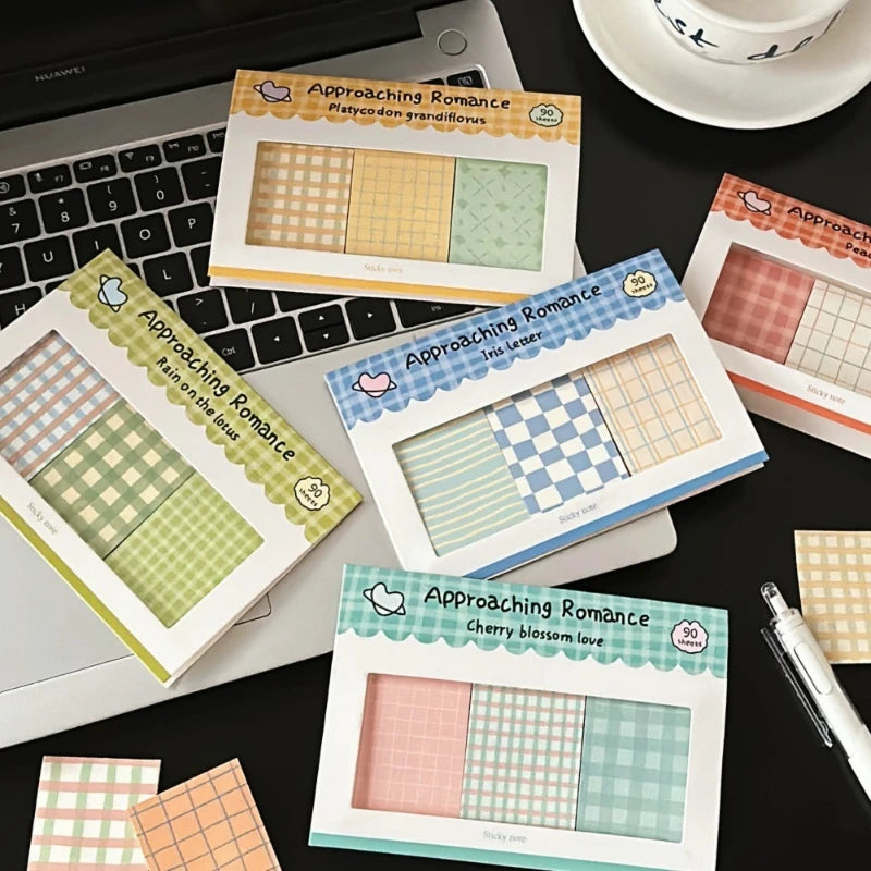Kawaii Grid Sticky Notes Set, Cute Memo Pads Assorted Colors for Diary Journal Scrapbooking, Stationery Gift for School Office Supplies