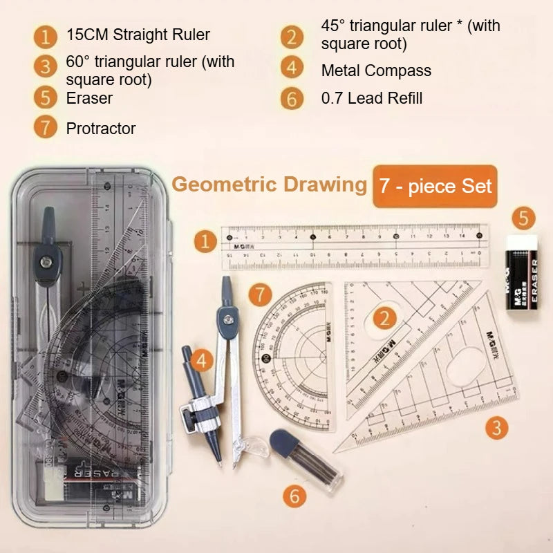 M&G Exam Ruler Set with Square Root Straight Ruler Protractor and Compass with Pen - Holding Design Refillable Type ACS90808