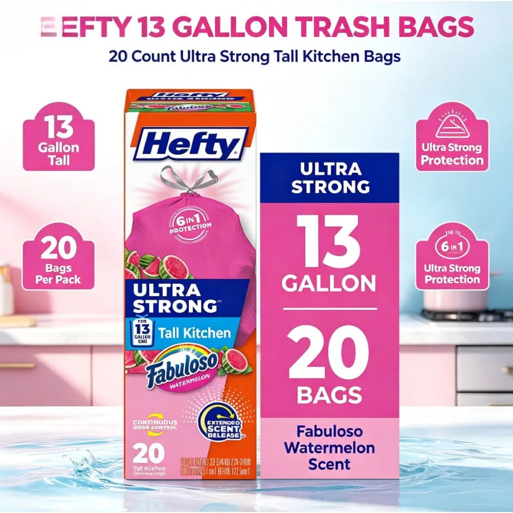 Ultra‑Strong Pink 13 Gallon Tall Kitchen Garbage Bags, Fabuloso Watermelon Fragrance, Heavy‑Duty Scented Trash Bags for Home Kitchen Use, 20 Bags