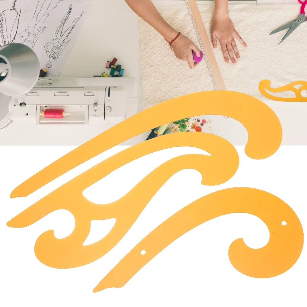 3pcs Plastic French Curve Ruler Set Smooth Double-Beveled Edges Yellow Drafting Curve Templates Flexible Drawing Templates