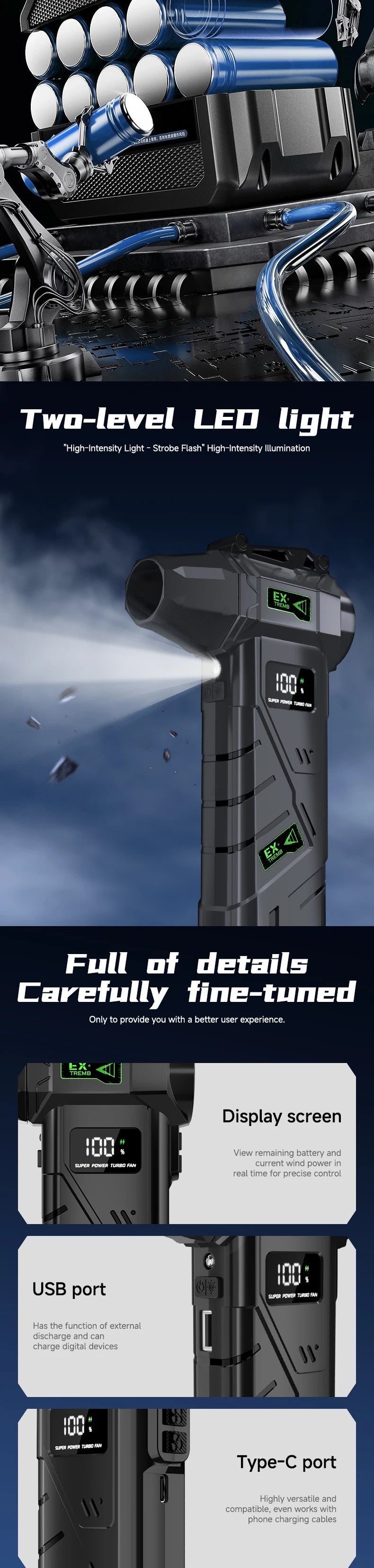 Powerful Violent Fan 1000000RPM Turbo Air Blower 380G Thrust High Speed Brushless Turbo Jet Blower With LED Lighting