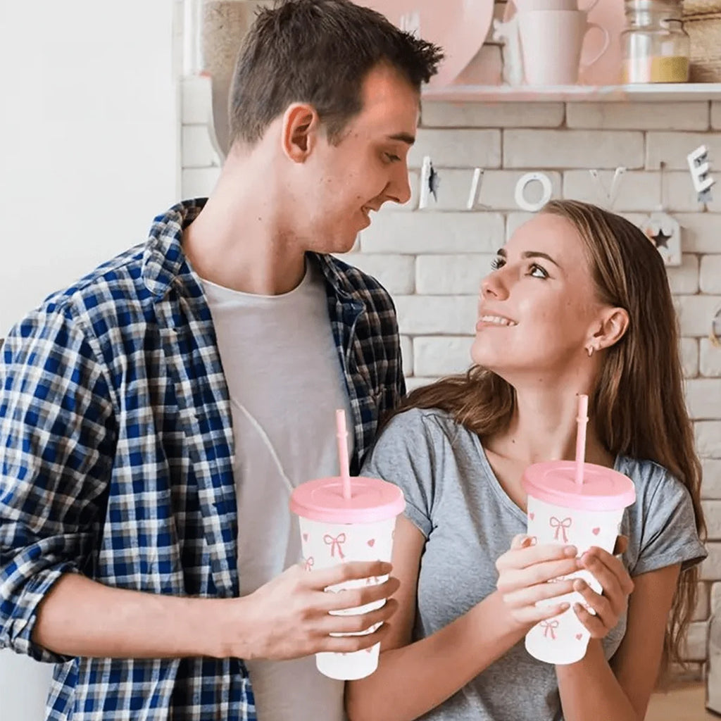Reusable Plastic Cups With Pink Ribbons, 24 Ounces With Straws And Lids. For Parties, Drinking, Coffee, Weddings, Birthdays
