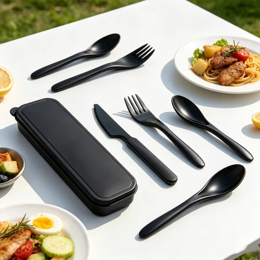 20-piece reusable plastic cutlery set, 3-in-1 camping cutlery set with storage box, includes knife, fork, spoon, and cutlery box