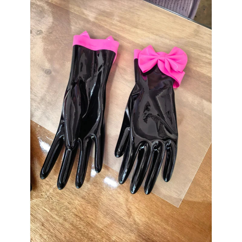 Short latex gloves with color-block design and bowknot