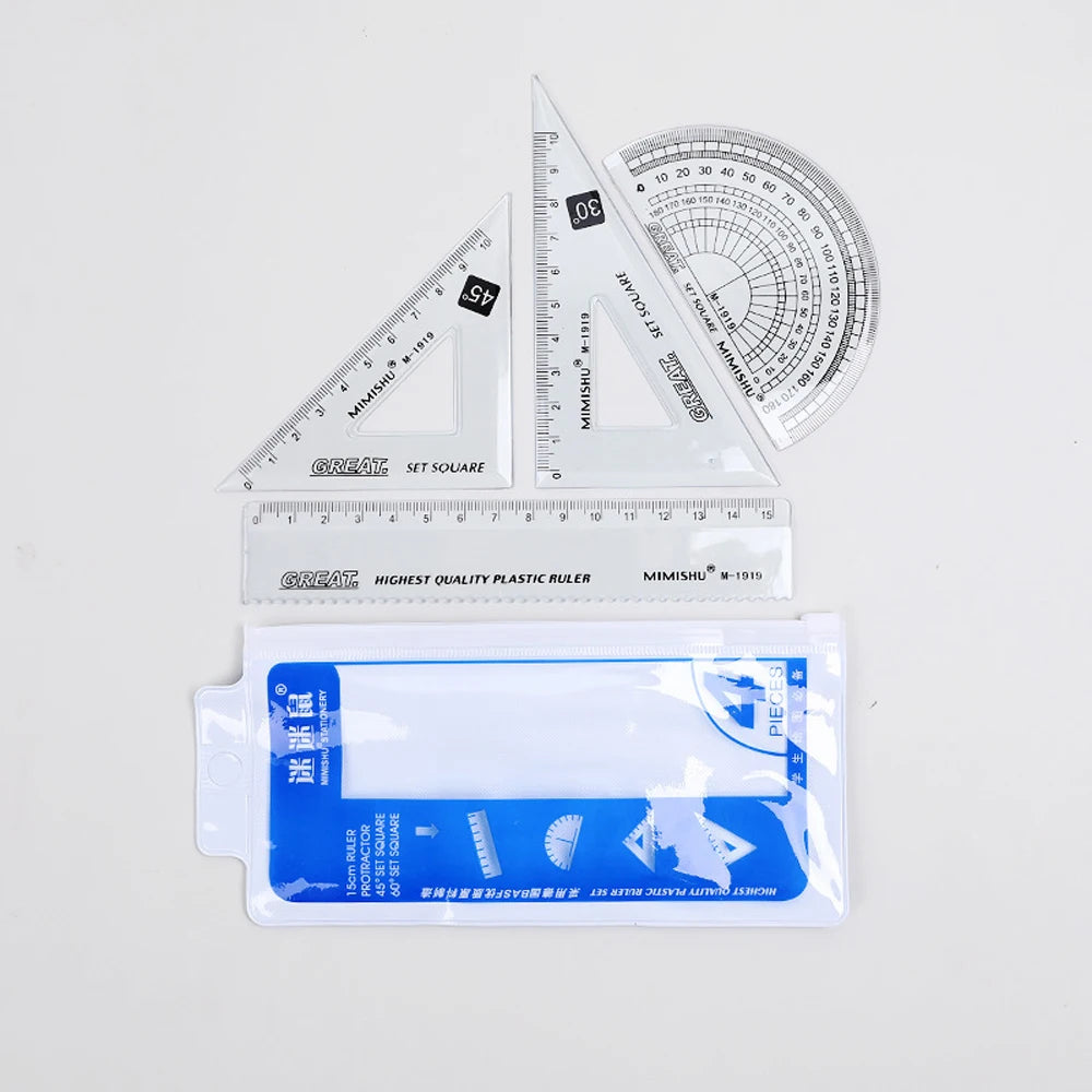 4 Pcs Ruler Set Multifunctional Straight Triangle Ruler Protractor Math Geometry Kit for School Kids Drawing Measuring