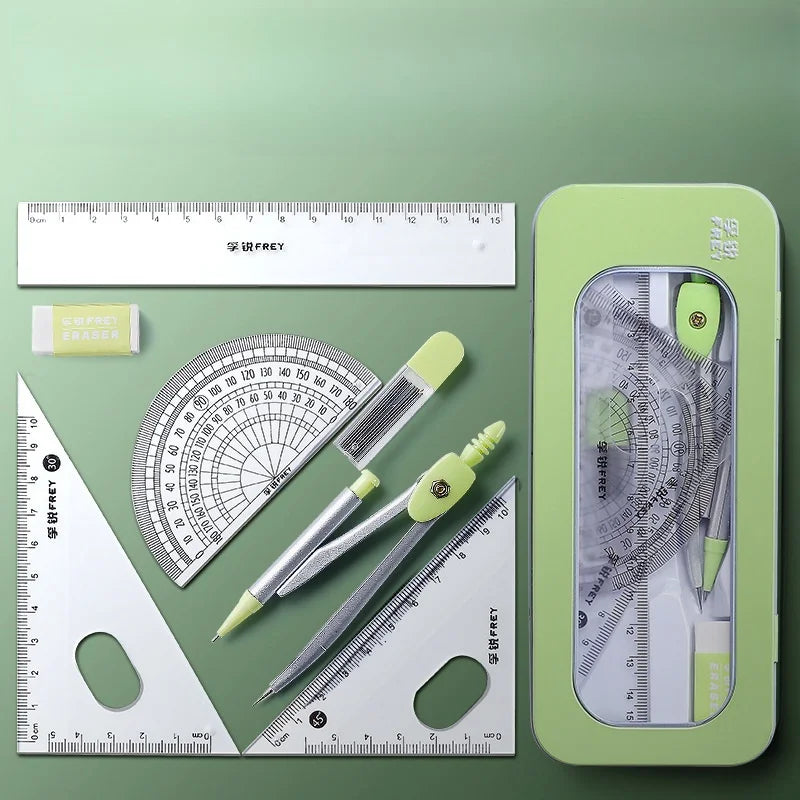 Fu Rui Compass Ruler Set Iron Box Rubber Lead Core Triangle Plate Protractor 7-Piece Set Student Mathematics