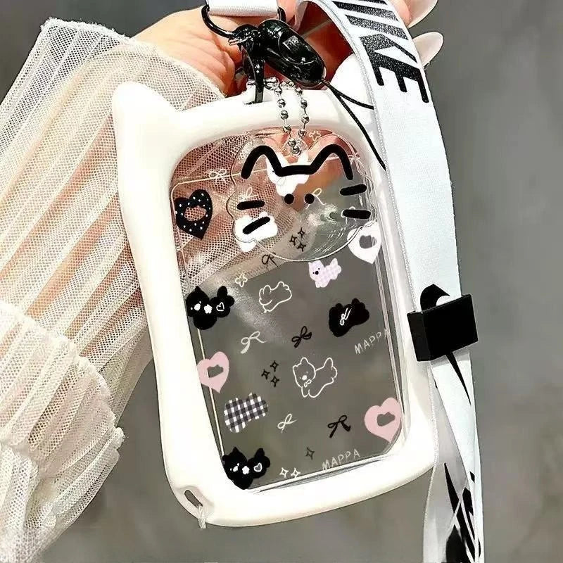 1PC Cat Ear Card Cover Transparent Student Bus Card Cover Subway Access Card ID Card Campus Card Water Card Document