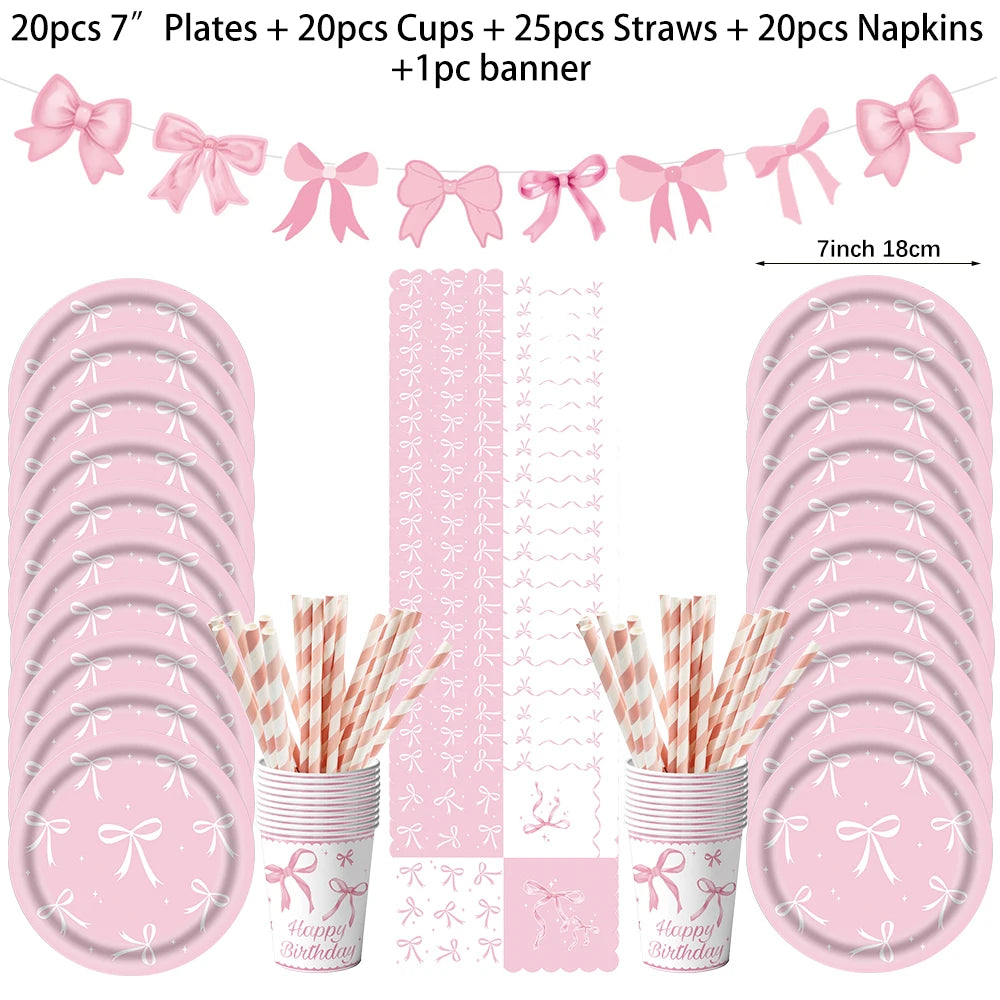 Pink bow Birthday Disposable Tableware Set Paper Plates Cups Napkins Girls Party Decoration Supplies