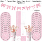 Pink bow Birthday Disposable Tableware Set Paper Plates Cups Napkins Girls Party Decoration Supplies
