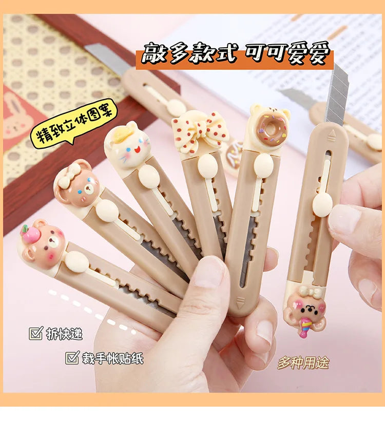 1 Piece Cartoon Utility Knife for Student Cute Fashion Box Cutter Small Portable Kawaii Beige Coffee Color Letter Opener Office