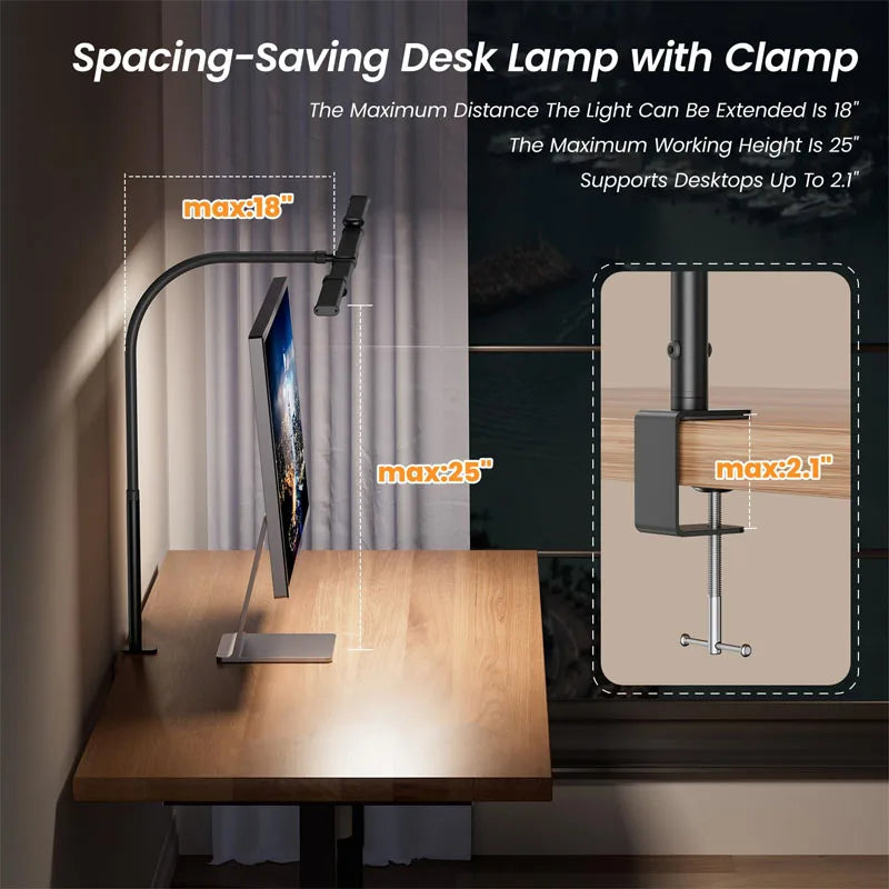 LED Desk Lamp Eye-Caring Desk Light with Stepless Dimming Adjustable Flexible Gooseneck with Clamp for Reading Study Workbench