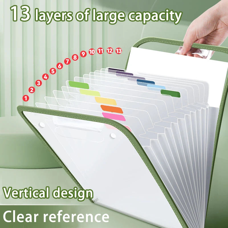 1PC A4 Size Portable Vertical Organizer Bag - 13-Pocket Accordion Folders Plastic Expanding File for Student Test Paper