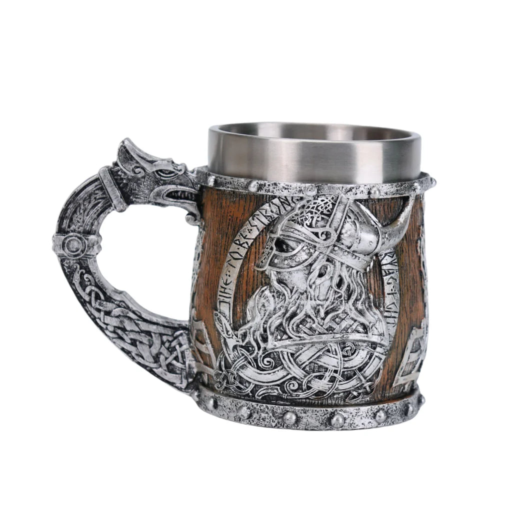 Valhalla Viking Stainless Steel Nordic Viking Barrel Dragon Boat Warrior Horn Skull Beer Mug Tankard Stein Cup 400 ML
