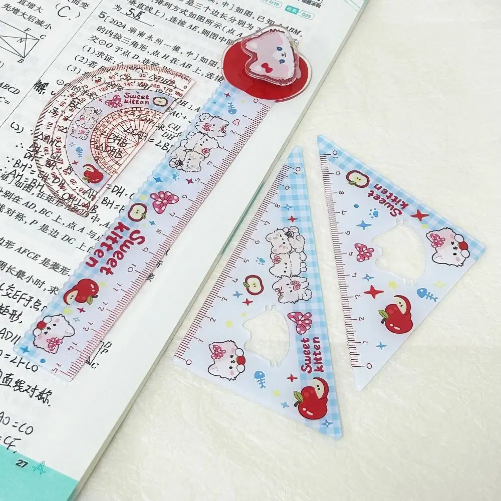 4pcs New Acrylic Ruler Set Red Kitten/Green Puppy Measurement Drawing Stationery Set Square Protractor Gift