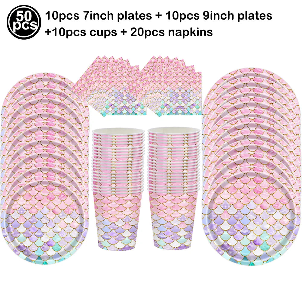 Mermaid Party Supplies Mermaid Scales Pattern Paper Plate Cup Napkin Popcorn Box Food Bowl Girl Birthday Party Baby Shower Decor