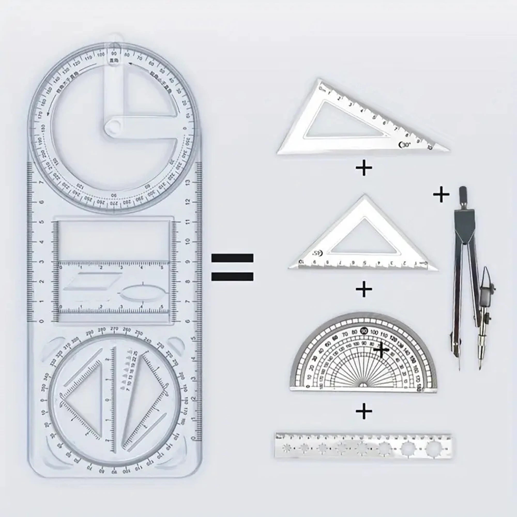 A Set of 3-Piece Multi-Functional Geometric Painting Ruler, Various Graphic Painting Rotating Ruler, Plastic Material Drawing Tool, Flat Graphic Painting Square Ruler, Student Office Special Ruler