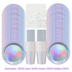 Iridescent Silver Holographic Party Tableware Set Disposable Paper Plates Cups Tablecloth for Birthday Wedding Y2K Disco Decor