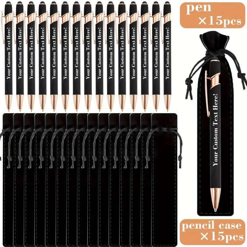 15Sets Customizable Engraved Metal Ballpoint Pens with Durable Case + 15pcs Custom Pen Bags - Bulk Writing Utensils for Business