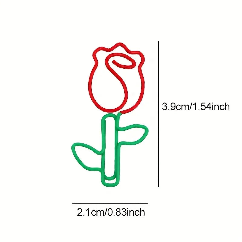 10/20pcs Rose-Shaped Metal Paper Clips Cute Floral Design with Green Leaves Red Flowers Scrapbooking Office School Supplies