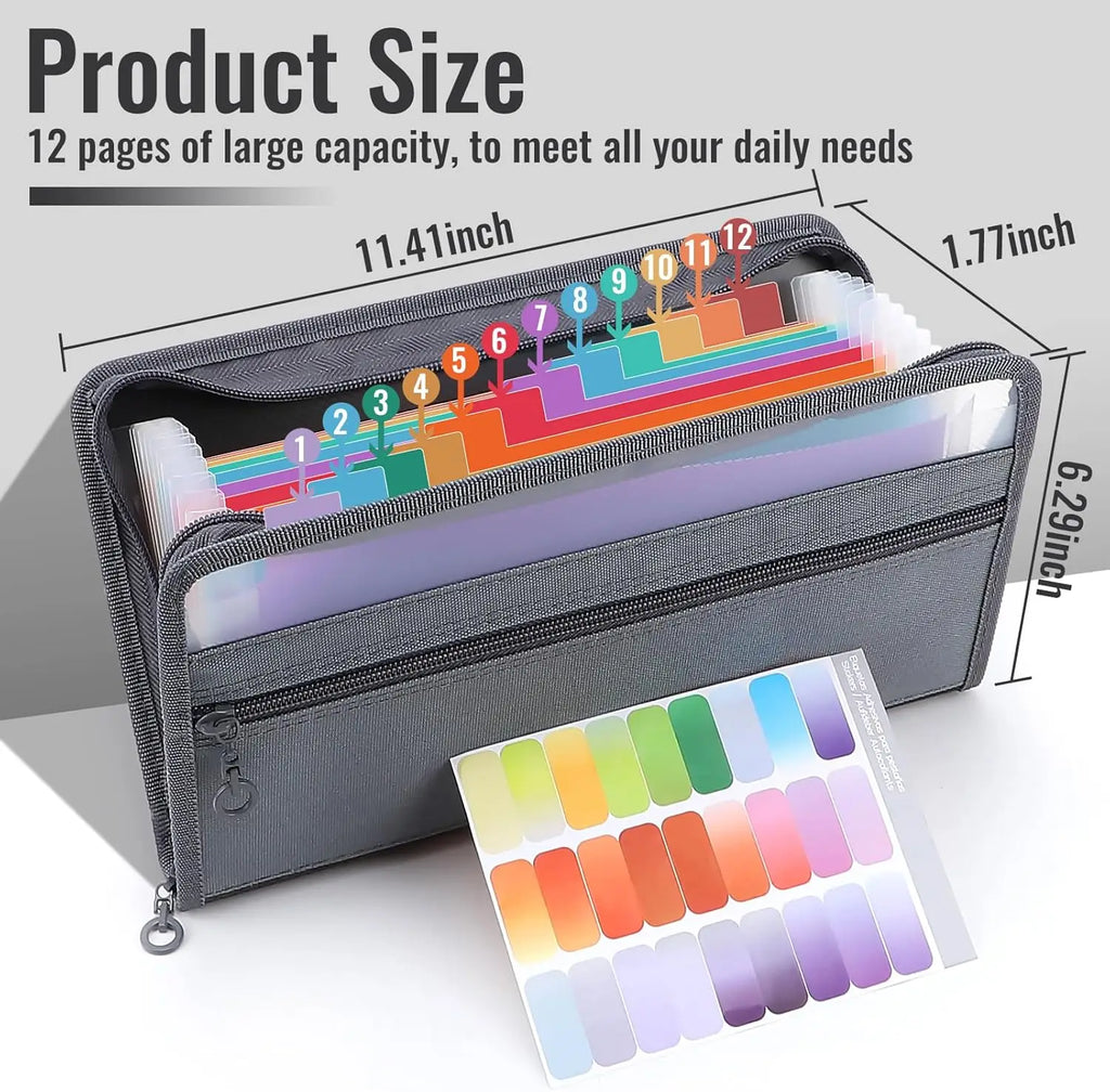 Small Accordion A6 File Organizer with Safe Zipper, 13 Pocket Expanding File Folder with Front Pencil Pouch
