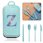 4Pcs Wheat Straw Cutlery Knife Spoon Fork Chopsticks Portable Set Plastic Detachable Dinnerware Purple Flower Letter Pattern