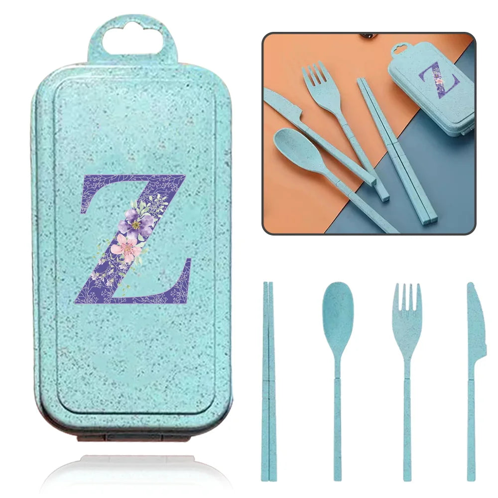 4Pcs Wheat Straw Cutlery Knife Spoon Fork Chopsticks Portable Set Plastic Detachable Dinnerware Purple Flower Letter Pattern