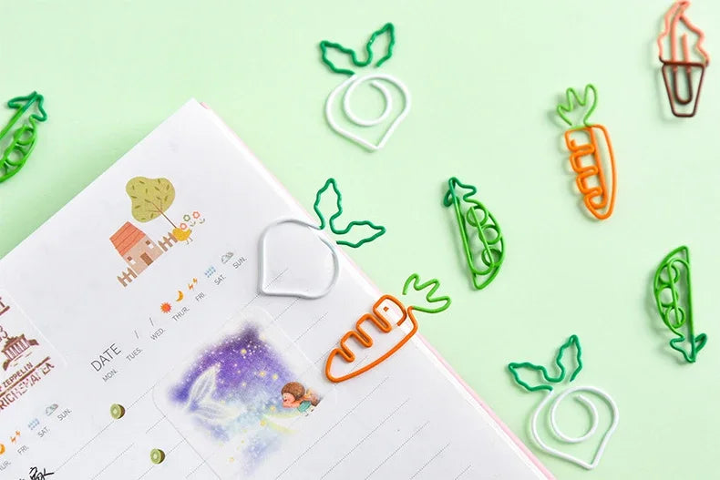 10Pcs Creative Vegetable Carrot Ice Cream Paper Clip Metal Bookmark  DIY Student Read Label Supplies Stationery