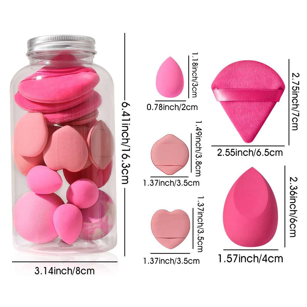 16PCS Pink Makeup Sponge & Powder Puff Set, Dry & Wet Use Foundation Blender, Latex-Free Beauty Tools with Storage Jar for Daily Makeup